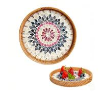 Tissting Round Rattan Tray,Rattan Woven Serving Tray,Modern and Boho Decor Serving Tray, Hand Woven Decorative Tray Plates for Dining Coffee Table (Love Flower)