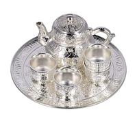 Tissting Silver Teapot Set, Elegant Vintage Zinc Alloy Teapot and Coffee Pot with 4 Cups and Serving Tray for Afternoon Tea and Coffee Enthusiasts