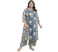 Tissu Women's Plus Size Cotton Satin Grey Floral Printed Kurta with Palazzo, Grey, 5XL plus