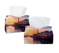 Tissue Box Cover, 2 Pack PU Leather Rectangular Facial Tissue Dispenser Box holder for Home Office Car - Watercolor Paris Tower Seine at Dusk