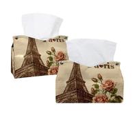 Tissue Box Cover, 2 Pack PU Leather Rectangular Facial Tissue Dispenser Box holder for Home Office Car - Paris Eiffer Tower Romantic Roses