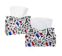 Tissue Box Cover, 2 Pack PU Leather Rectangular Facial Tissue Dispenser Box holder for Home Office Car - France Doodle Flag Paris Tower