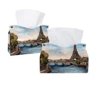 Tissue Box Cover, 2 Pack PU Leather Rectangular Facial Tissue Dispenser Box holder for Home Office Car - France Eiffer Tower Cityscape