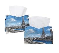 Tissue Box Cover, 2 Pack PU Leather Rectangular Facial Tissue Dispenser Box holder for Home Office Car - Blue Sky Paris Tower Seine River