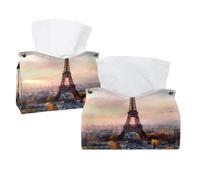 Tissue Box Cover, 2 Pack PU Leather Rectangular Facial Tissue Dispenser Box holder for Home Office Car - Watercolor Paris Tower City