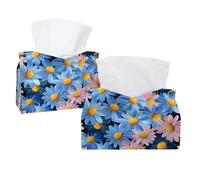 Tissue Box Cover, 2 Pack PU Leather Rectangular Facial Tissue Dispenser Box holder for Home Office Car - Blue Pink Daisy