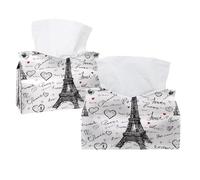 Tissue Box Cover, 2 Pack PU Leather Rectangular Facial Tissue Dispenser Box holder for Home Office Car - Drawing Paris Eiffer Tower Love Hearts