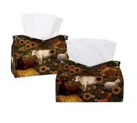 Tissue Box Cover, 2 Pack PU Leather Rectangular Facial Tissue Dispenser Box holder for Home Office Car - Farm Animals on Sunflowers Field