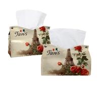 Tissue Box Cover, 2 Pack PU Leather Rectangular Facial Tissue Dispenser Box holder for Home Office Car - Paris Eiffer Tower Roses
