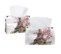 Tissue Box Cover, 2 Pack PU Leather Rectangular Facial Tissue Dispenser Box holder for Home Office Car - Blossom Cherry Petals Paris Tower