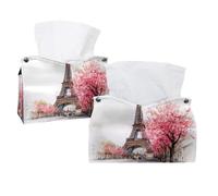 Tissue Box Cover, 2 Pack PU Leather Rectangular Facial Tissue Dispenser Box holder for Home Office Car - Blossom Cherry Tree Paris Tower