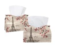 Tissue Box Cover, 2 Pack PU Leather Rectangular Facial Tissue Dispenser Box holder for Home Office Car - Blossom Cherry Paris Eiffer Tower