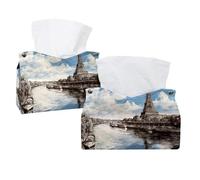 Tissue Box Cover, 2 Pack PU Leather Rectangular Facial Tissue Dispenser Box holder for Home Office Car - Eiffel Tower River Seine Blue Sky