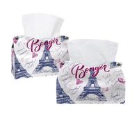 Tissue Box Cover, 2 Pack PU Leather Rectangular Facial Tissue Dispenser Box holder for Home Office Car - Bonjour Paris Eiffer Tower