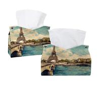 Tissue Box Cover, 2 Pack PU Leather Rectangular Facial Tissue Dispenser Box holder for Home Office Car - Paris Eiffer Tower Bridge River