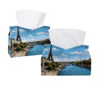 Tissue Box Cover, 2 Pack PU Leather Rectangular Facial Tissue Dispenser Box holder for Home Office Car - Seine River Eiffer Tower Cityscape