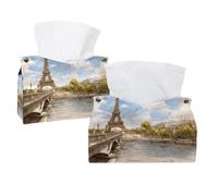 Tissue Box Cover, 2 Pack PU Leather Rectangular Facial Tissue Dispenser Box holder for Home Office Car - Hand Drawing Paris Tower Cityscape