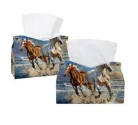 Tissue Box Cover, 2 Pack PU Leather Rectangular Facial Tissue Dispenser Box holder for Home Office Car - Horses Running