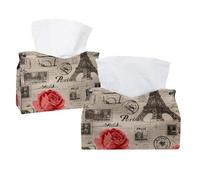 Tissue Box Cover, 2 Pack PU Leather Rectangular Facial Tissue Dispenser Box holder for Home Office Car - Vintage Paris Tower Roses Postcard
