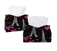 Tissue Box Cover, 2 Pack PU Leather Rectangular Facial Tissue Dispenser Box holder for Home Office Car - Pink Love Heart Paris Tower