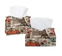 Tissue Box Cover, 2 Pack PU Leather Rectangular Facial Tissue Dispenser Box holder for Home Office Car - Vintage Car Bike Paris Tower Flowers