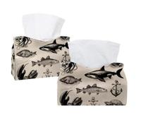 Tissue Box Cover, 2 Pack PU Leather Rectangular Facial Tissue Dispenser Box holder for Home Office Car - Vintage Sea Animals