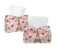 Tissue Box Cover, 2 Pack PU Leather Rectangular Facial Tissue Dispenser Box holder for Home Office Car - Romantic Eiffer Tower Pink Floras
