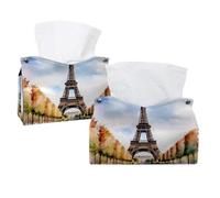 Tissue Box Cover, 2 Pack PU Leather Rectangular Facial Tissue Dispenser Box holder for Home Office Car - Watercolor Blue Sky Paris Tower