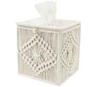 Tissue Box Cover, Boho Paper Tissue Holder with Bead Buckle Ornament, Woven Cube Box, Decorative Macrame Napkin Facial Paper Organizer for Bathroom, Bedroom & Office Decor