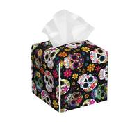 Tissue Box Cover Day Of The Dead Skulls Leather Tissue Dispenser Space Stylis Dispenser Case, For Car, Home, Dresser, 13.2x13.2cm