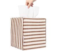 Tissue Box Cover, Fabric Tissue Box Holder Square, Stylish Reusable Toilet Paper Storage, Modern Bathroom Counter Organizer Decorations Accessories,Ticking Stripe 5''x5''x5'' (Light Brown)