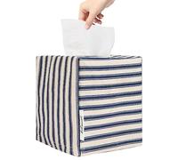 Tissue Box Cover, Fabric Tissue Box Holder Square, Stylish Reusable Toilet Paper Storage, Modern Bathroom Counter Organizer Decorations Accessories,Ticking Stripe 5''x5''x5'' (Navy Blue)