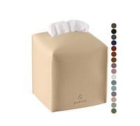 Tissue Box Cover, Jeethemy Square PU Leather Tissue Box Holder, Modern Tissue Case Facial Paper Organizer Dispenser，5X5X5'',Single Beige