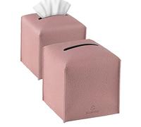 Tissue Box Cover, Jeethemy Square PU Leather Tissue Box Holder, Modern Tissue Case Facial Paper Organizer Dispenser，5X5X5'',Double Pink