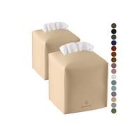 Tissue Box Cover, Jeethemy Square PU Leather Tissue Box Holder, Modern Tissue Case Facial Paper Organizer Dispenser，5X5X5'',Double Beige