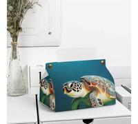 Tissue Box Cover PU Leather Sea Turtle Box Cover Square Case Decorative Paper Holder Facial Paper Organizer Dispenser for Kitchen Bathroom