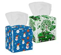 Tissue Box Cover, Pu Leather Square Tissue Box Holder, St. Patrick's Four-Leaf Clover Gnomes 2 Packs Foldable Facial Paper Organizer Dispenser with Bottom Belt, 5" X 5" X 5"