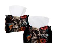 Tissue Box Cover, Rectangle Facial Tissue Holder Storage Container for Bathroom Vanity Counter Tops Night Stand and Offices - Skull and Flowers Day of the Dead on Black