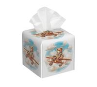 Tissue Box Cover Retro Airplane Bear Square Tissue Organizer Modern Attractive Napkin Dispenser, For Home, Office, Living Room, 13.2x13.2cm