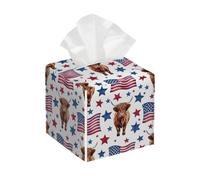Tissue Box Cover Square American Flag Cow PU Leather Tissue Box Holder 4th Of July Waterproof Tissues Cube Organizer for Car Bathroom Office Home Desk Tabletop Decor