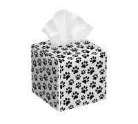 Tissue Box Cover Square Animal Dog Cat Paw Print Black PU Leather Tissue Box Holder Waterproof Tissues Cube Organizer for Car Bathroom Office Home Desk Tabletop Decor