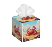 Tissue Box Cover Square Beach Crab Ocean PU Leather Tissue Box Holder Sea Animal Waterproof Tissues Cube Organizer for Car Bathroom Office Home Desk Tabletop Decor