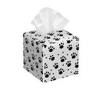 Tissue Box Cover Square Black White Dog Paw Print PU Leather Tissue Box Holder Animal Cat Paw Print Waterproof Tissues Cube Organizer for Car Bathroom Office Home Desk Tabletop Decor