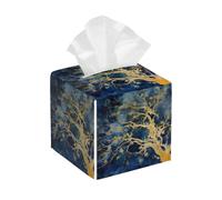 Tissue Box Cover Square Blue Gold Leaves PU Leather Tissue Box Holder Waterproof Tissues Cube Organizer for Car Bathroom Office Home Desk Tabletop Decor