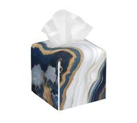 Tissue Box Cover Square, Blue White Gold Marbling Pu Leather Tissue Box Holder, Waterproof Tissue Case Cover For Bedroom Livingroom