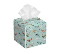 Tissue Box Cover Square Cartoon Airplanes Transportation Pattern PU Leather Tissue Box Holder Waterproof Tissues Cube Organizer for Car Bathroom Office Home Desk Tabletop Decor