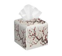 Tissue Box Cover Square Cherry Blossoms Springsummer Flower PU Leather Tissue Box Holder Waterproof Tissues Cube Organizer for Car Bathroom Office Home Desk Tabletop Decor