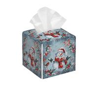 Tissue Box Cover Square Christmas Snowman PU Leather Tissue Box Holder Winter Snowman Berry Waterproof Tissues Cube Organizer for Car Bathroom Office Home Desk Tabletop Decor