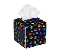 Tissue Box Cover Square Colorful Dog Cat Paw Print PU Leather Tissue Box Holder Animal Paw Print Waterproof Tissues Cube Organizer for Car Bathroom Office Home Desk Tabletop Decor