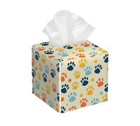 Tissue Box Cover Square Colorful Dog Cat Paw Print PU Leather Tissue Box Holder Dog Paw Print Waterproof Tissues Cube Organizer for Car Bathroom Office Home Desk Tabletop Decor